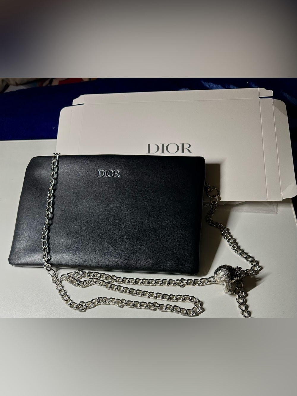 Christian Dior Vegan Leather Black Cosmetic Pouch w/ add on Silver Chain GWO NWP
